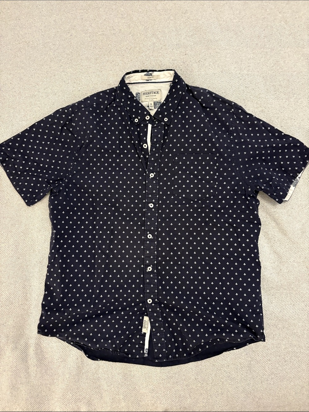 Heritage Navy Short-Sleeve Button-Down Shirt with White Micro Print